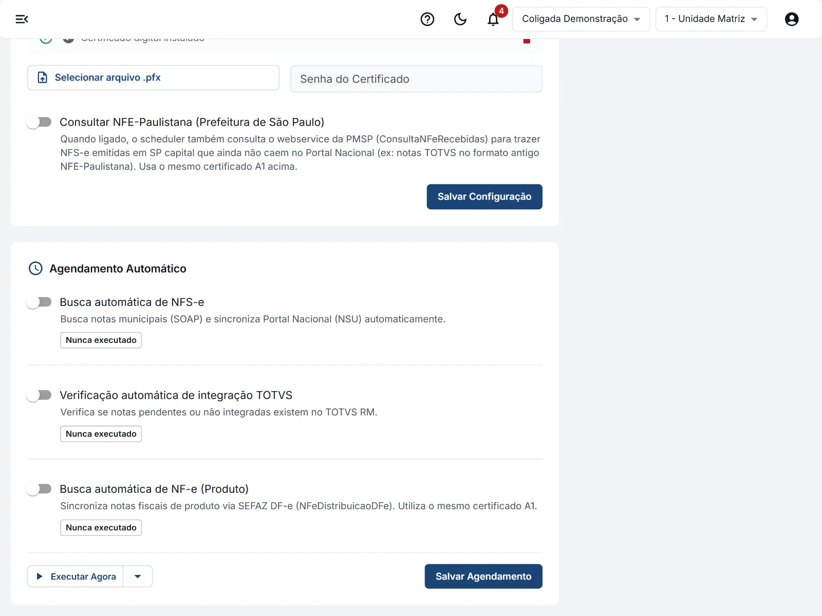 Notas Fiscais, por filial: agendamento da busca de NFS-e, da conferência no RM e da NF-e.