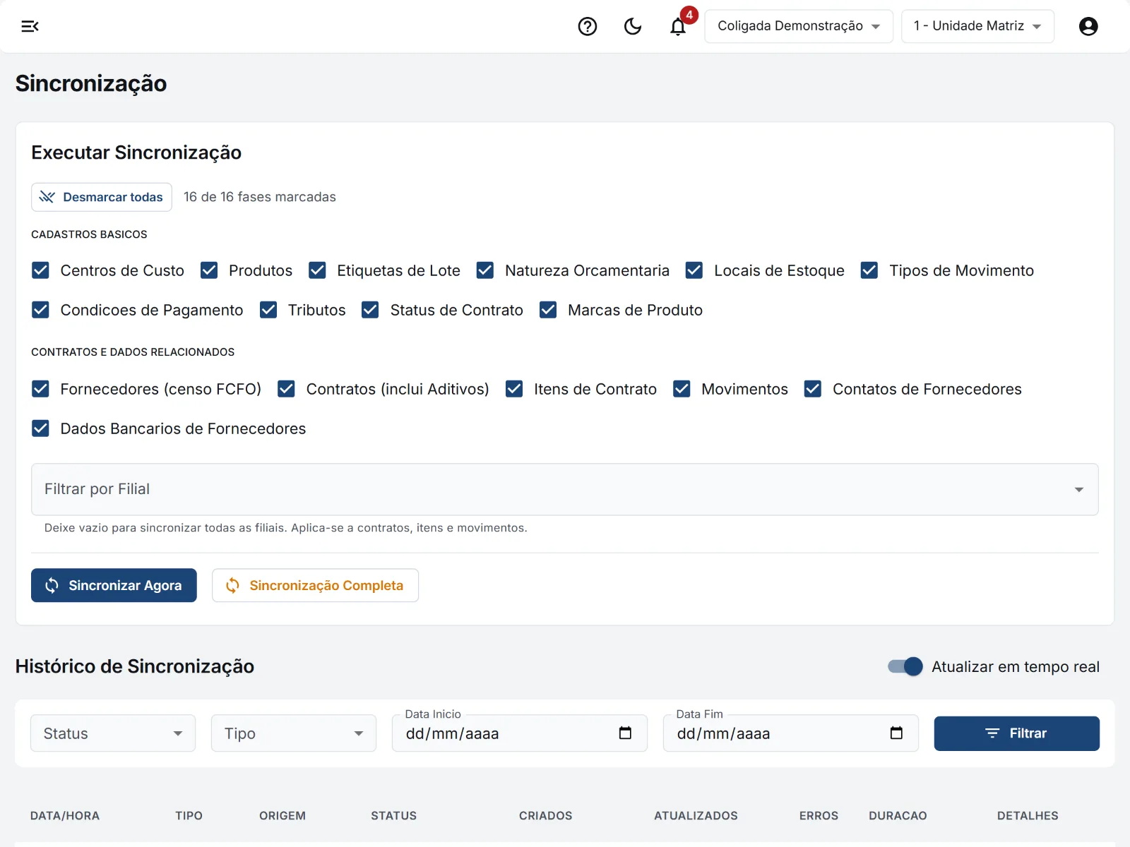 Sincronização com o RM: cadastros, contratos e movimentos que o Portal traz do ERP.