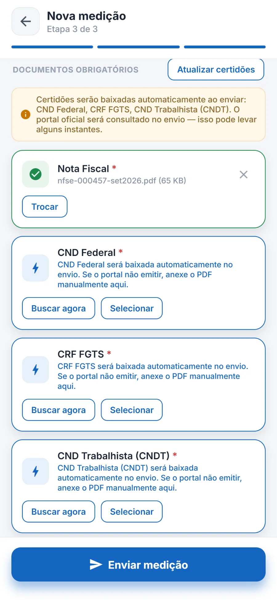Nova medição: os documentos exigidos, com as certidões que o Portal busca no envio.