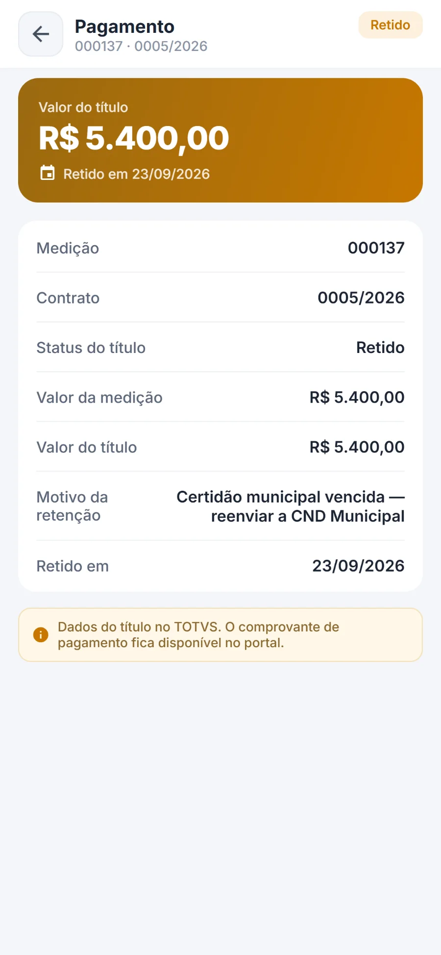 Pagamento retido: o valor do título, a data e o motivo da retenção, vindos do TOTVS RM.