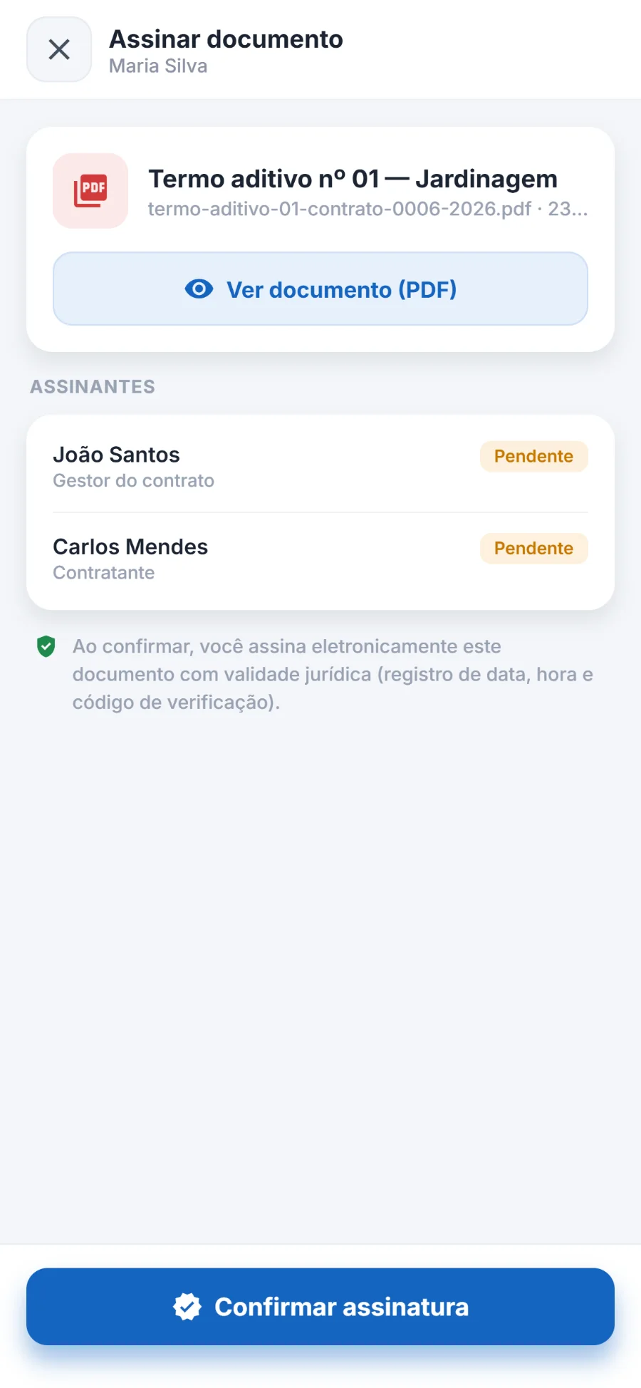 Assinatura pelo celular: o documento, quem já assinou e o Confirmar assinatura.