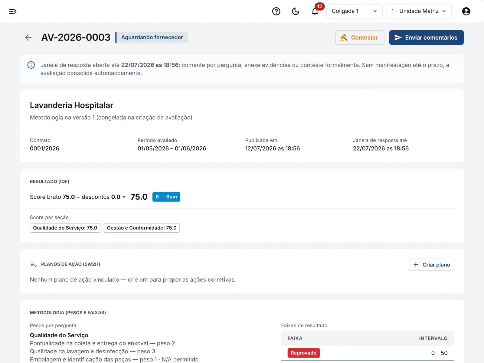 Visão do fornecedor: prazo para responder, resultado, metodologia e o botão Contestar.