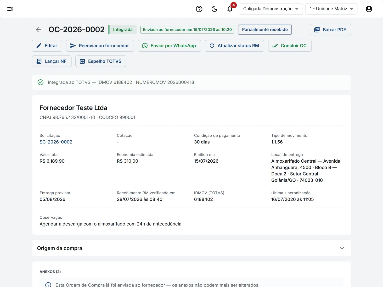 OC integrada ao RM, com número do pedido, Espelho TOTVS, Lançar NF e local de entrega.