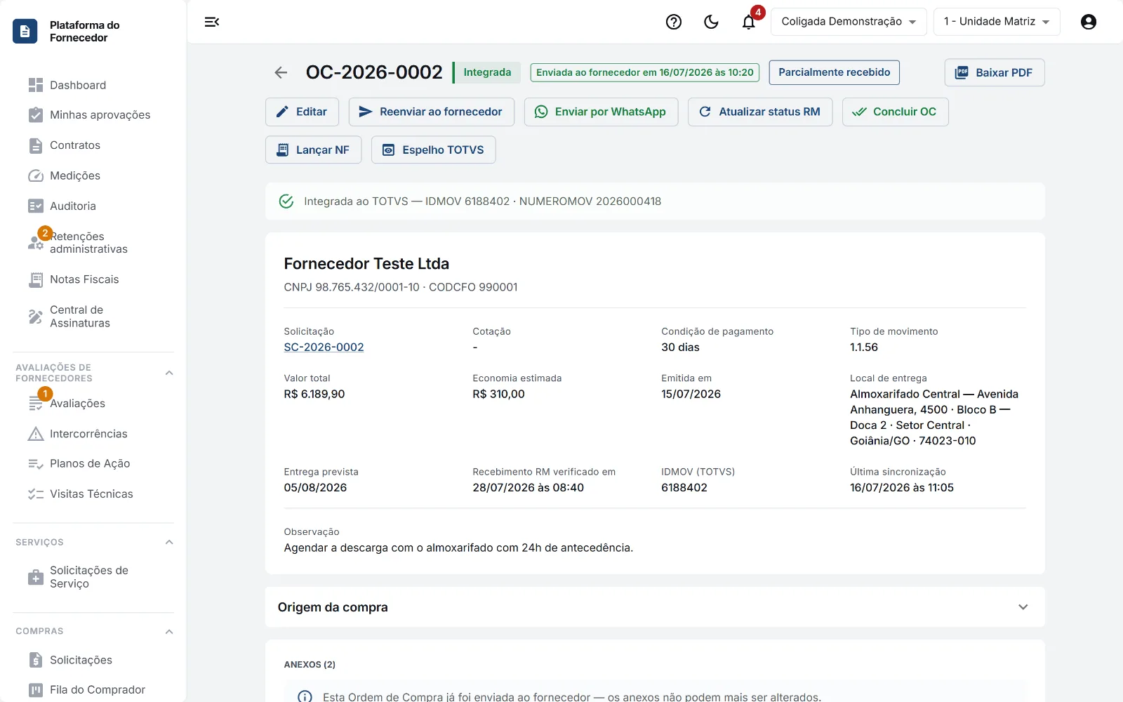 OC integrada ao RM, com o número do pedido, o Espelho TOTVS e o local de entrega.