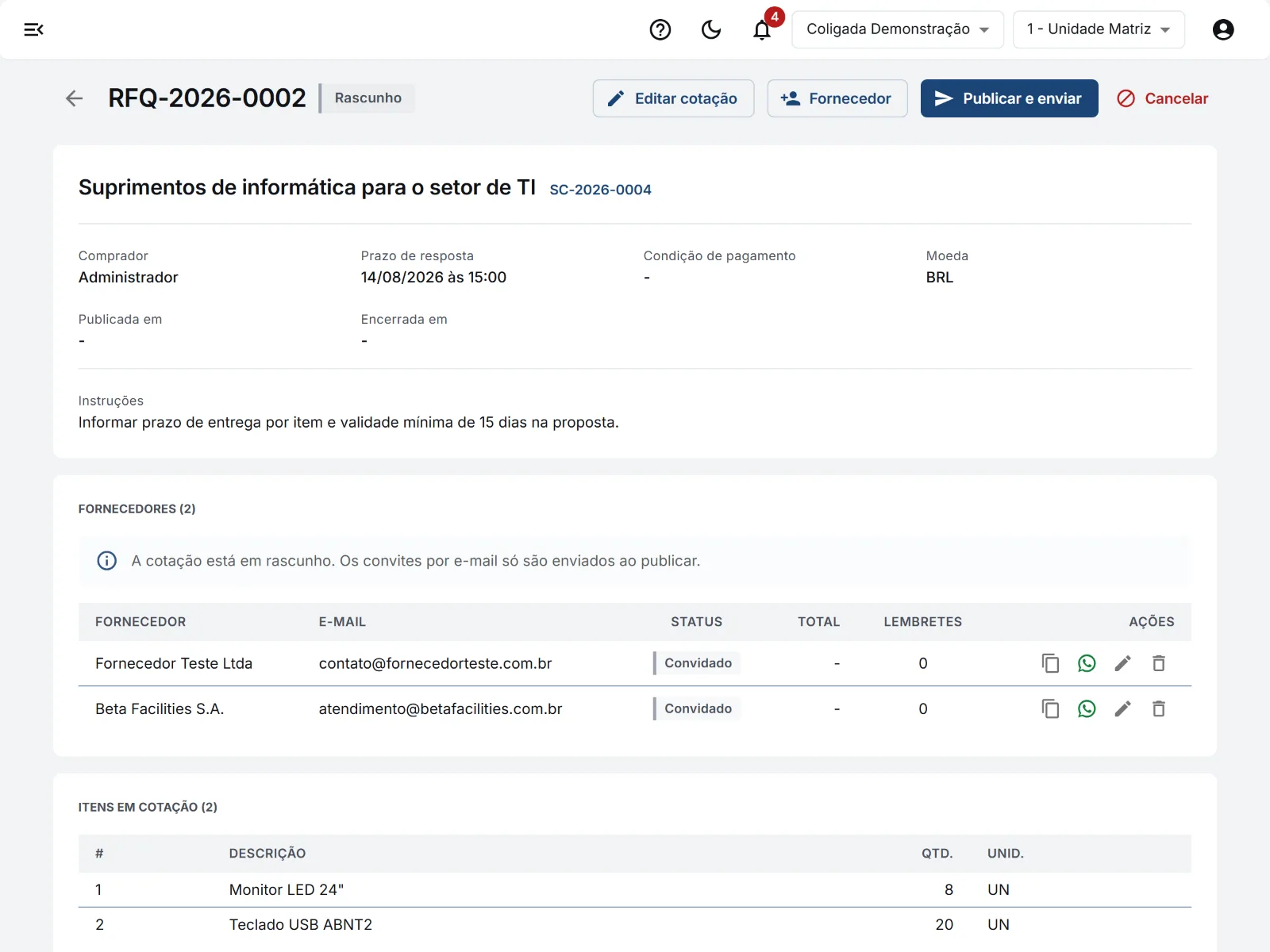 Cotação em rascunho: fornecedores convidados, copiar link e atalho do WhatsApp.