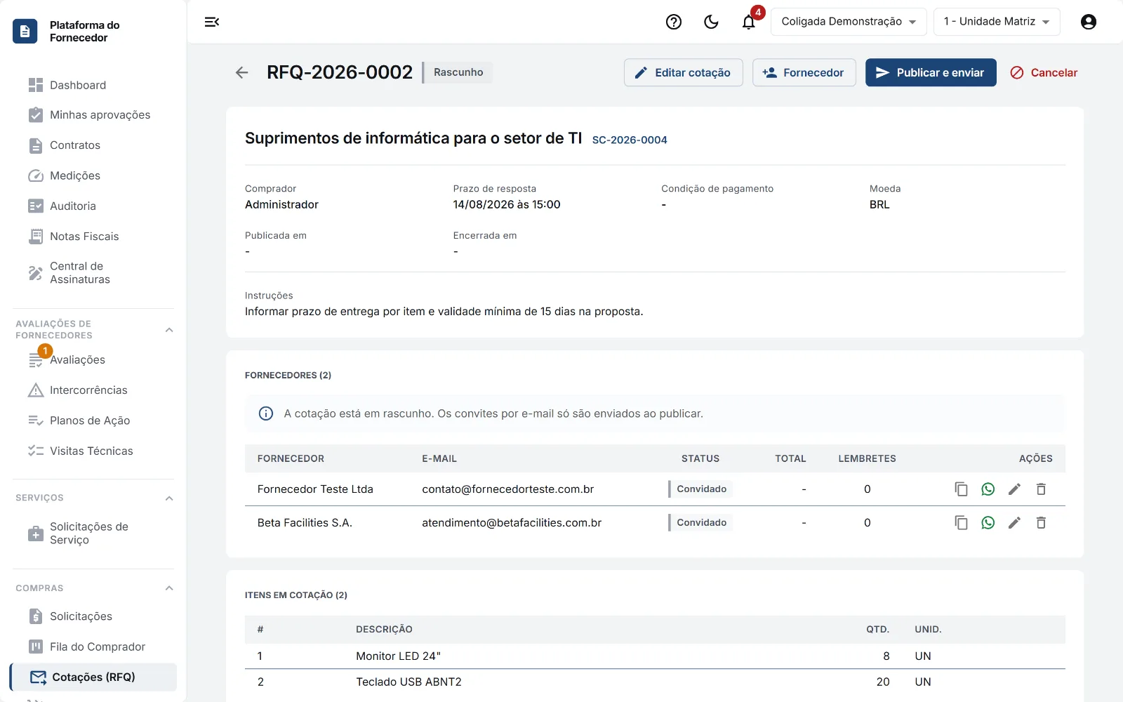 Cotação com os fornecedores convidados, o link para copiar e o atalho do WhatsApp.