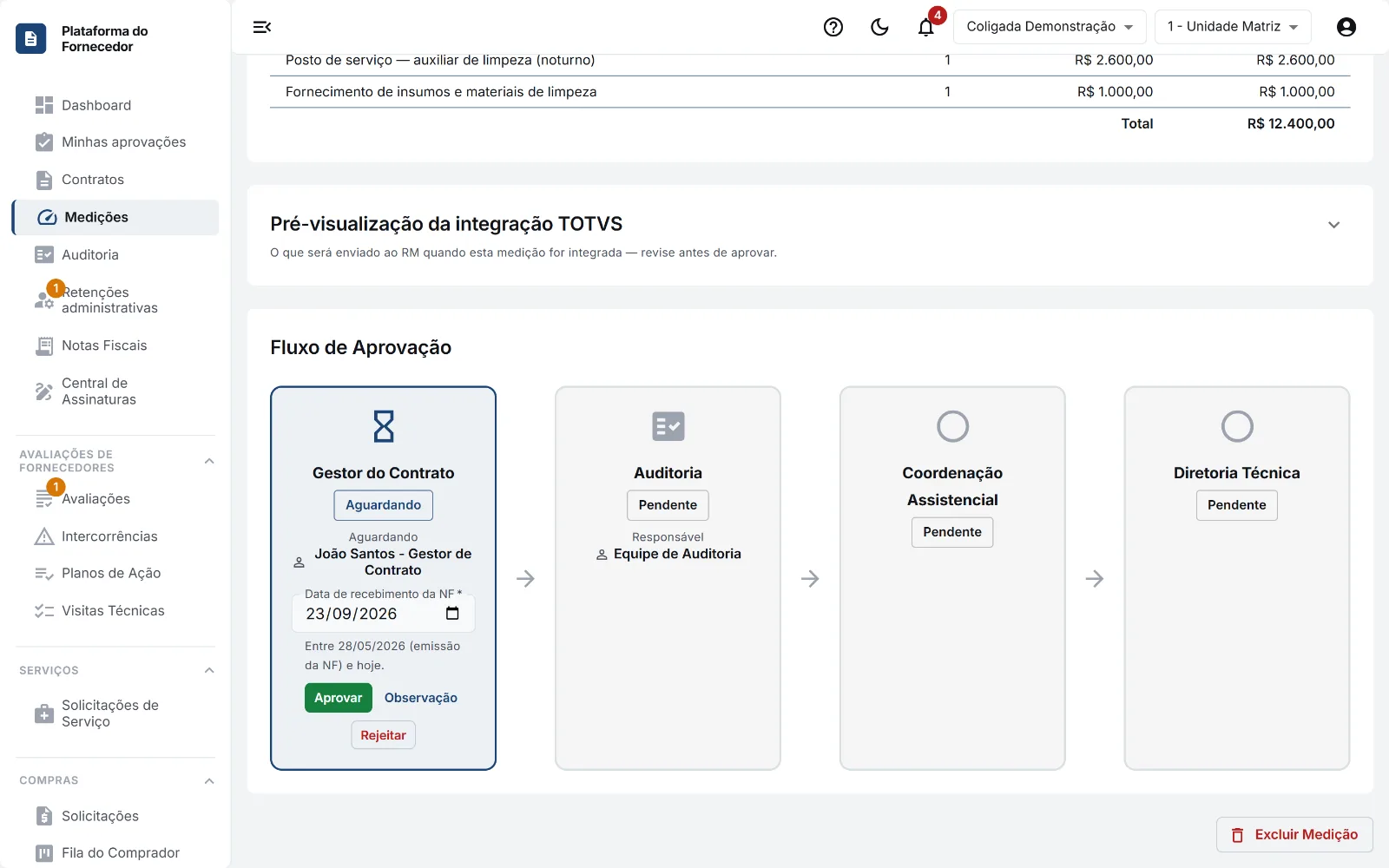 Fluxo de aprovação: os passos da trilha e a vez do gestor, com a data de recebimento da NF.