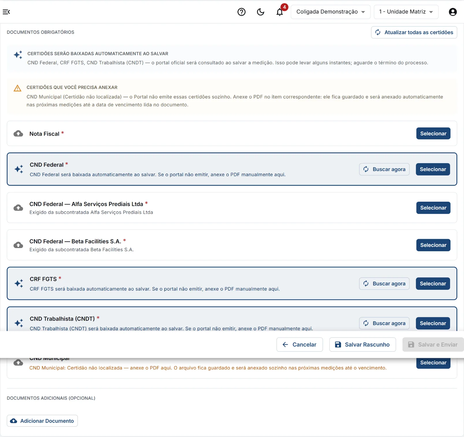 Documentos da nova medição: certidões que o Portal busca e a CND Municipal para anexar.
