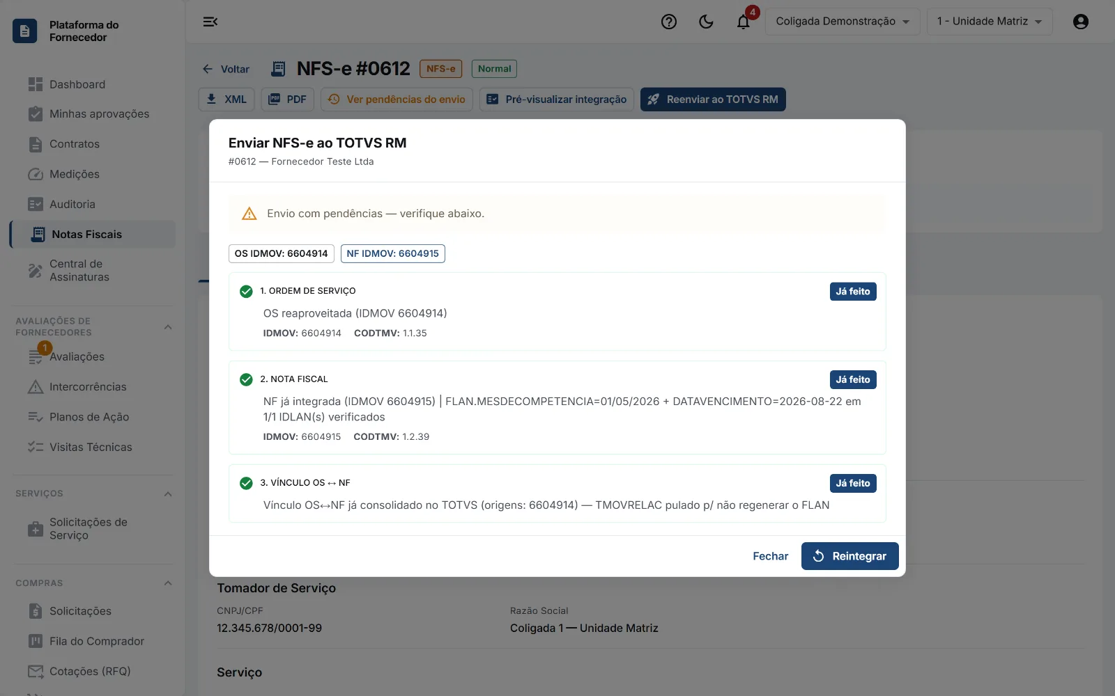 Envio ao RM: OS, NF e vínculo que já estão lá aparecem como Já feito.