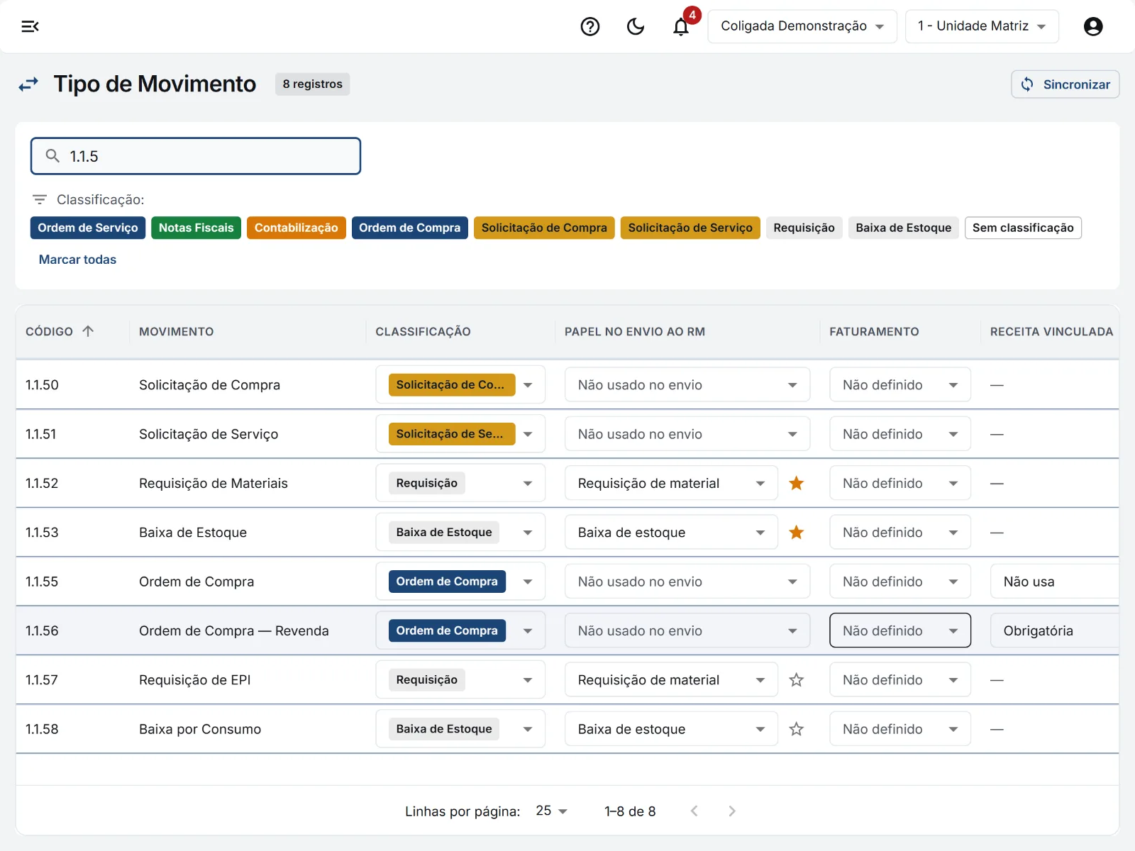 Tipo de Movimento: classificação, papel no envio e a estrela do movimento principal.
