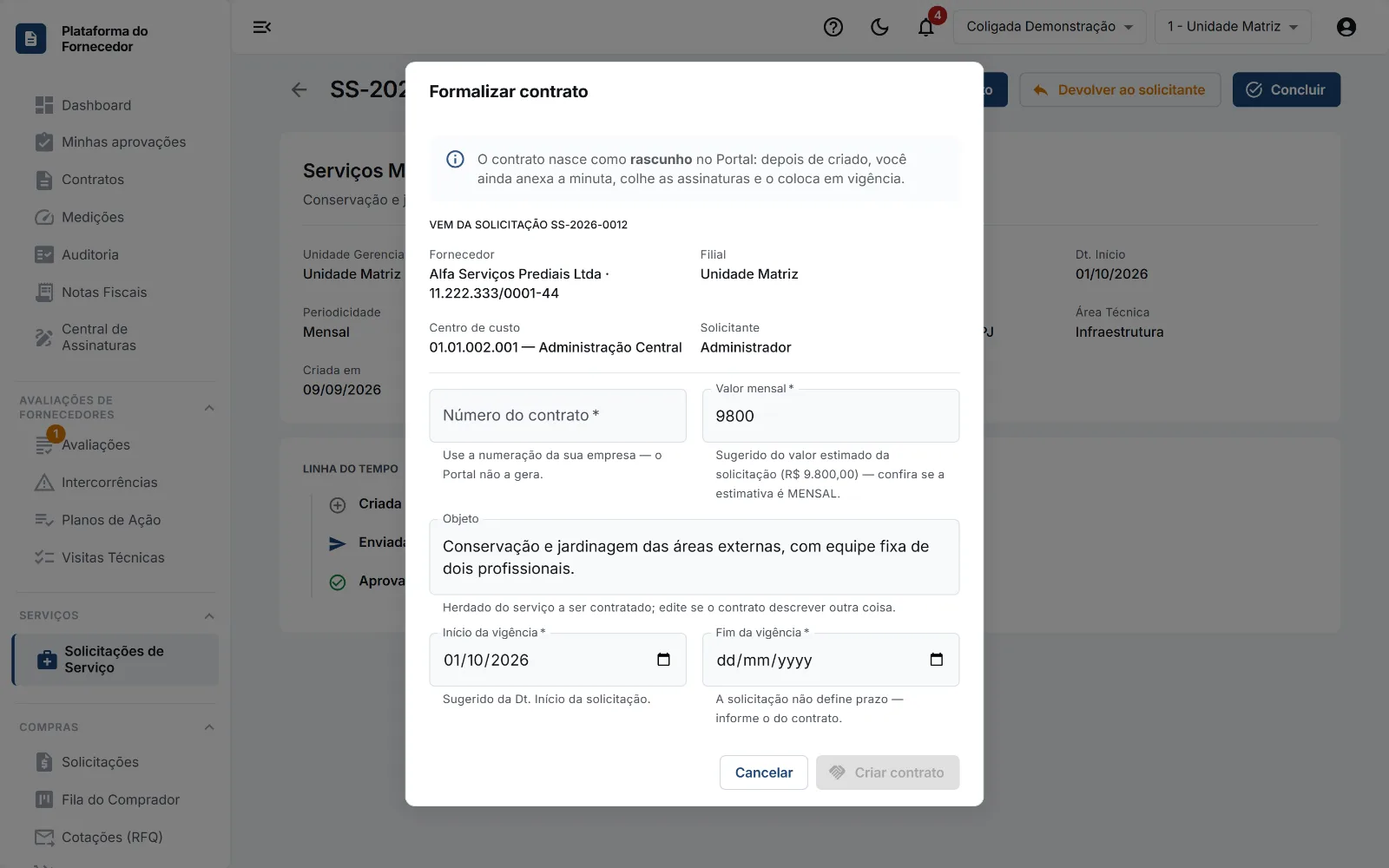Formalizar contrato: dados herdados da solicitação e campos de número, valor e vigência.